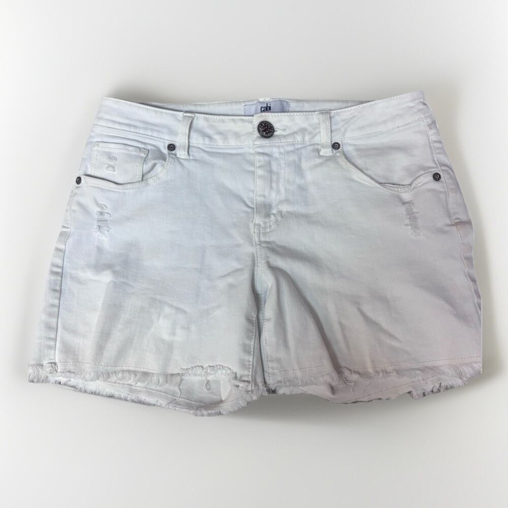 CAbi White Denim Shorts Womens Size 4 Distressed Raw Hem Stretch Casual